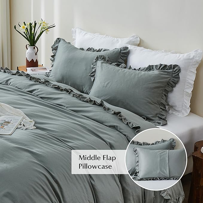 Simple&Opulence Kids 100% Organic Cotton Queen Duvet Cover Ruffle 3Pcs(1 Comforter Cover 2 Pillowcases) Cute Lace Vintage Boho Shabby Chic Farmhouse Bedding Set Teen Girls(Gray, Queen)