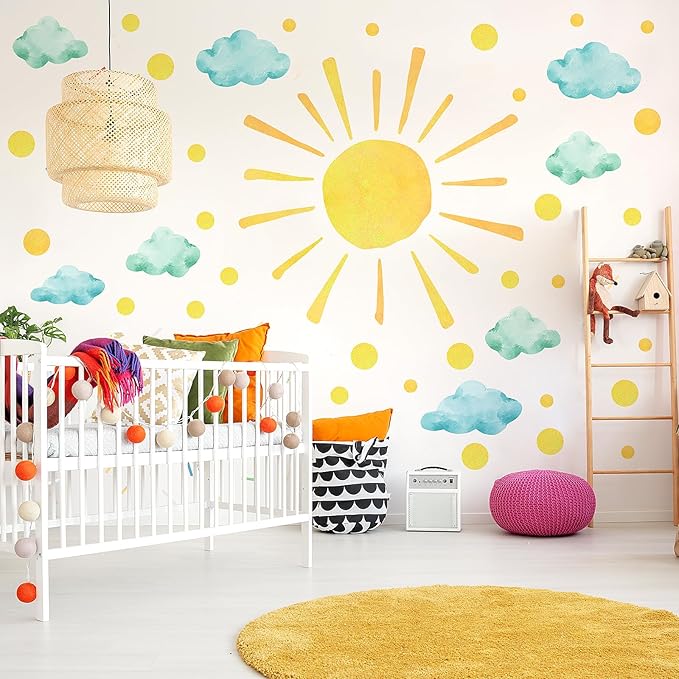 clothmile Sun and Clouds Wall Decals Polka Dots Decal Watercolor Boho Sun Wall Decals Peel and Stick, PVC Sunrise Wall Stickers Sunshine Wall Art Decor for Kids Room Playroom Nursery Bedroom