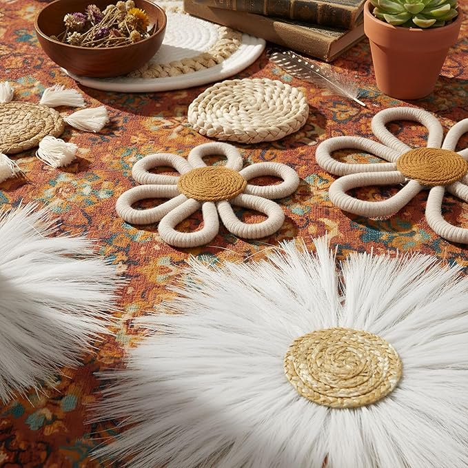 Chunful 9 Pcs Boho Nursery Wall Decor Daisy Flower Woven Macrame Seagrass Rattan Basket Wall Hanging Bohemian Decorations Gifts for Home Dorm Art Farmhouse Bedrooms Living Room(White)
