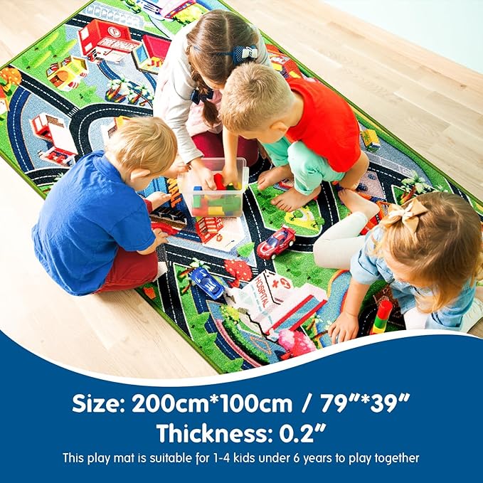 Booooom Jackson Car Rug City Life Great for Kids Toy Cars, Play Learn and Have Fun Safely - Kids Rug Baby Children Educational Road Traffic Play Mat for Bedroom Play Room Game Safe Area(39X79Inch)