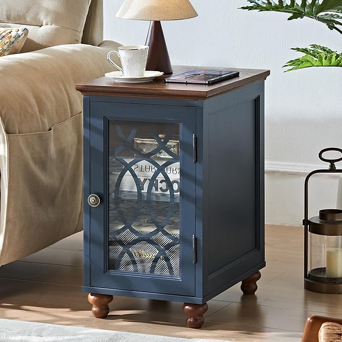 Narrow Side Table with Glass Door, 18 x 14'' Night Stand with Adjustable Shelf Storage Cabinet Organizer, Bedside End Tables Wood Nightstand for Small Spaces Living Room Bedroom