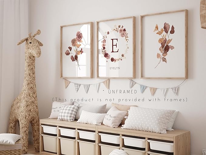 Personalized Name Flower Nursery Wall Art Prints, Crib & Nursery décor, Newborn Baby Girl Gift Present, Floral Baby Girl Room Pictures, Poster For Baby And Kids (3 Prints, Flower 1)