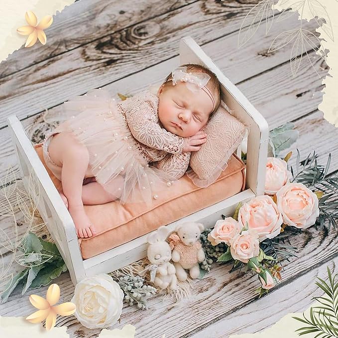 Newborn Photography Props Bed Old-Fashioned Craftsmanship Newborn Photo Props Retro Old Style Baby Photo Props Wooden Bed Infant Photoshoot Props Studio Baby Doll Bed Wooden Play Bed for Dolls, White
