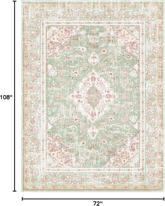Vhong Washable Area Rugs Boho Vintage Modern Neutral Large Carpet Green and Pink High Traffic Rugs 6×9 for Dinning Room Living Room Bedroom Farmhouse Non Slip