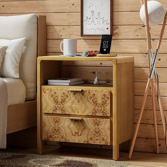 LONYKE Burl Finish Nightstand with Charging Station, Side Table with Power Outlet and USB & Type C Ports, Wood Bedside Table for Bedroom, Fully Assembled, Rustic, Natural, Farmhouse