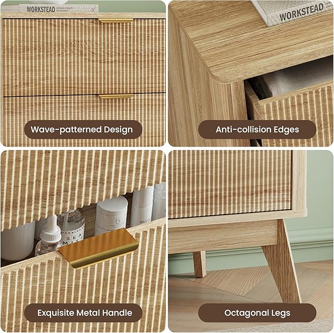 SUNWAVE 6 Drawer Dresser for Bedroom, 49.6" Wide Modern Fluted Dresser with Round Corner, Wood Chest of Drawers for Living Room