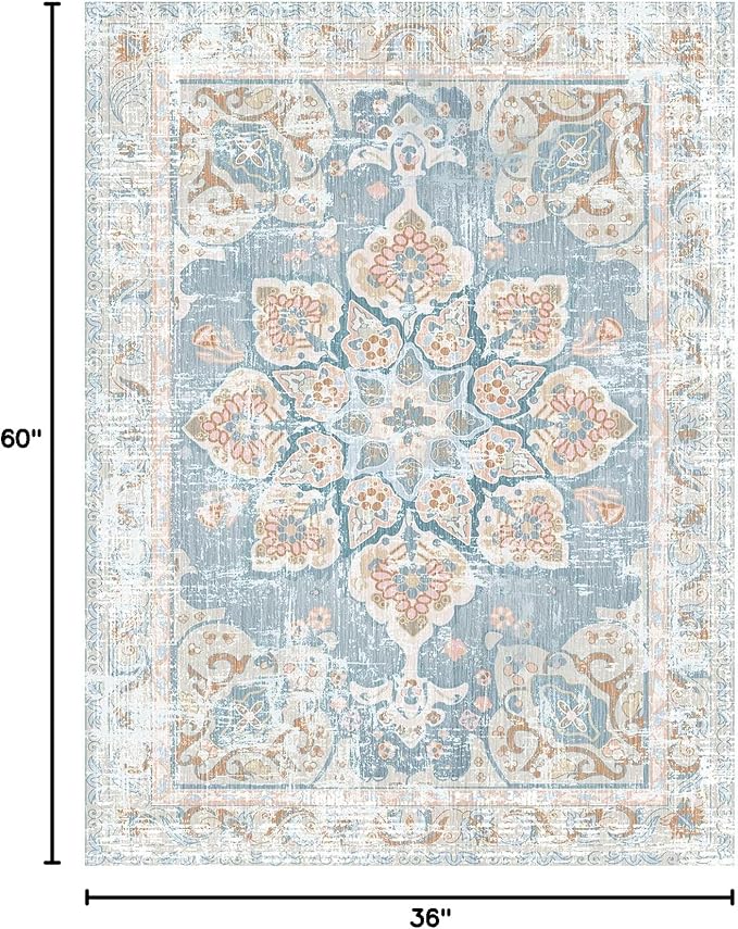 Vhong Washable Area Rugs Boho Vintage Neutral Modern Pale Blue 3x5 Non Slip Small Carpet for Living Room Dining Room Bedroom Farmhouse