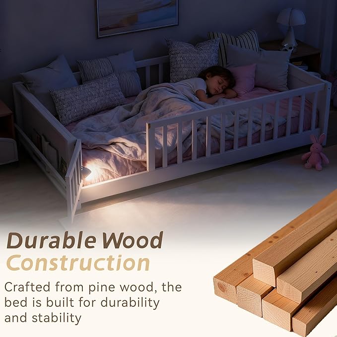 Twin Toddler Floor Bed with High Rails, Wooden Montessori Bed Frame with Door & Built-in Book Rack, Twin Size Bed Frame for Kids, Boys and Girls, White