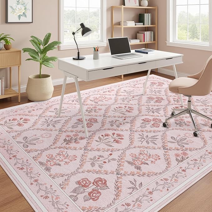 Pink Rug for Bedroom Girls, 5x7 Washable Rug for Floral Nursery Decor, Cute Soft Low-Pile Non Slip Indoor Floor Carpet for Baby Kids Room Playroom Living Room Dorm, Pink Multi