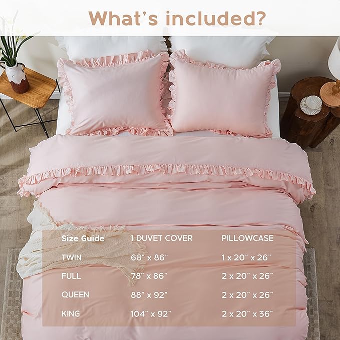 Simple&Opulence Kids 100% Organic Cotton Full Duvet Cover Ruffle 3Pcs(1 Comforter Cover 2 Pillowcases) Cute Lace Vintage Boho Shabby Chic Farmhouse Bedding Set Teen Girls(Peach Pink,Full)