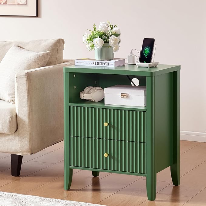 Fluted Nightstand with Charging Station, 21" Wide Modern Bedside Table with 2 Drawers & Open Shelf, Wood End Table with Storage & Metal Handle for Bedroom, Small Spaces, Green
