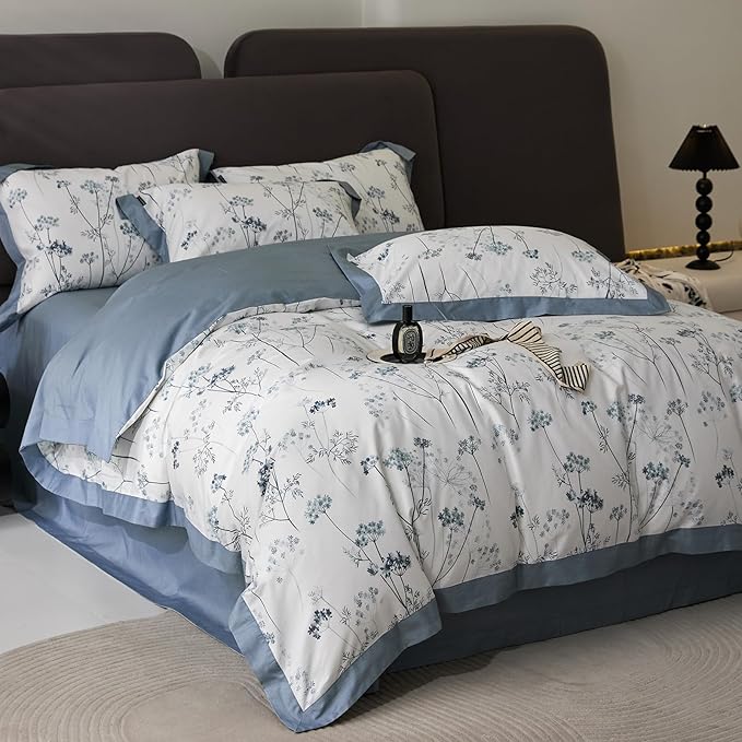 HighBuy Garden Blue Floral Duvet Cover Queen Floral Bedding Comforter Cover Queen Set Luxury Soft Boho Flowers Printed Cozy for Women Men Cottagecore Botanical Floral Bedding Sets Queen All Season
