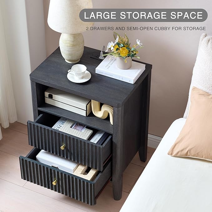 Fluted Nightstand with Charging Station, 21" Wide Modern Bedside Table with 2 Drawers & Open Shelf, Wood End Table with Storage & Metal Handle for Bedroom, Small Spaces, Black