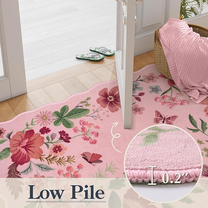 Lahome Floral Kitchen Runner, 2X6 Washable Runner Rug Non-Slip, Ultra-Thin Soft Hallway Rug Stain Resistant Boho Carpet for ‎Bedroom Laundry Bathroom, Pink