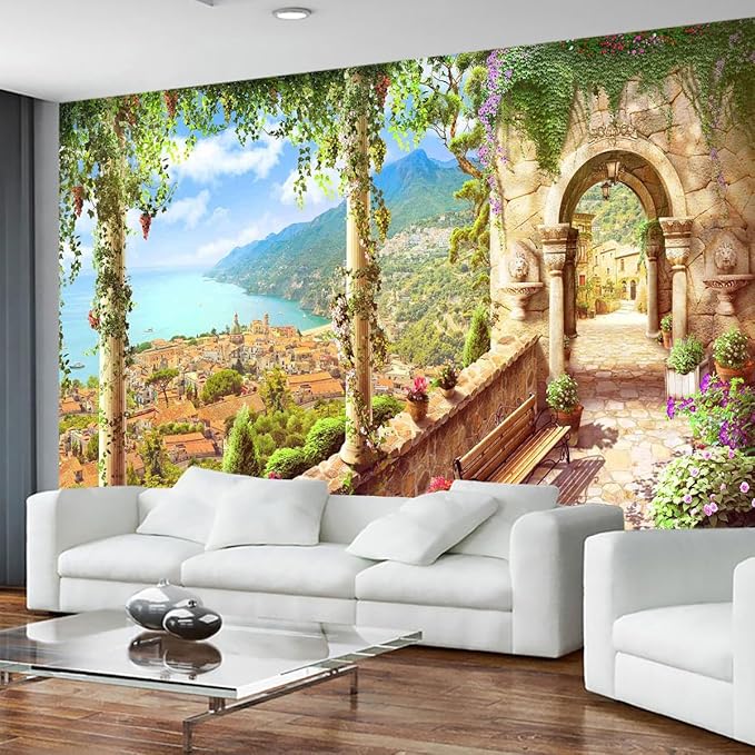 Beautiful Castle Wall Mural Overlooking The Forest and Mountains by The Lake, Italian Style Wallpaper for Interior Wall Decoration（Not Peel and Stick）