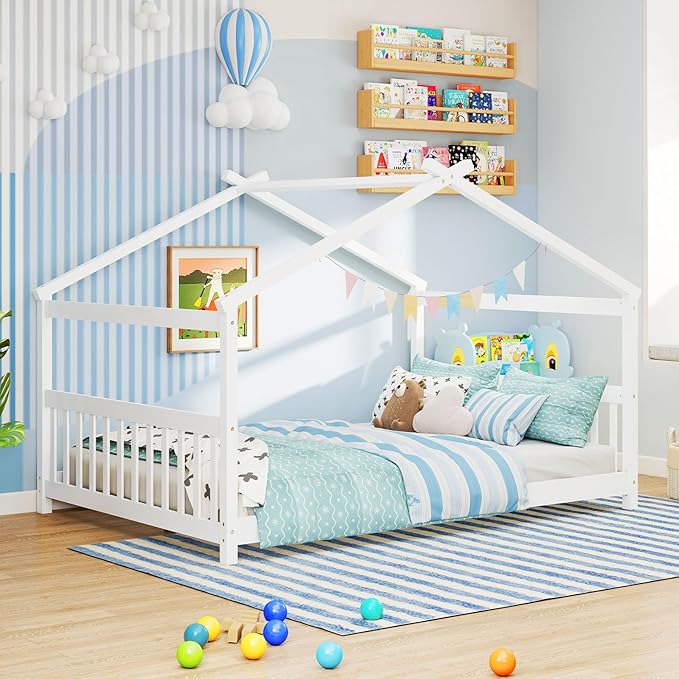 Giantex Full Size Floor Bed, Solid Wood Montessori House Bed with Roof, Headboard and Footboard, Low Full Bed Frame for Kids Teens Girls Boys, No Box Spring Needed, White