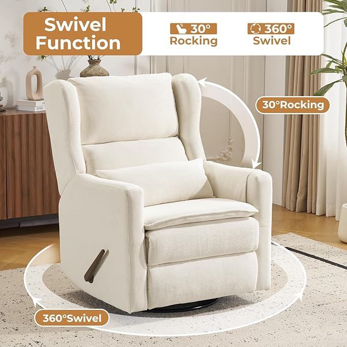 Swivel Rocker Recliner Chair with Adjustable Headrest,Rocking Recliner Chair for Nursery,Oversized Glider Rocking Chair with Double Cushion,Chenille,White