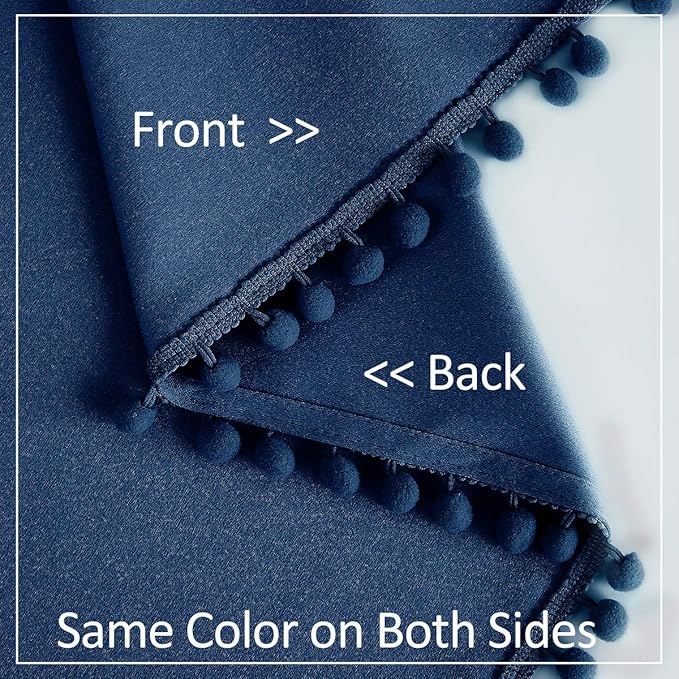 Treatmentex Pompom Blackout Window Curtains Navy Royal Blue Full Blackout Curtains for Bedroom Living Room 63 inch Thermal Insulated Window Curtain Panels 52" w x2 Panels Rod Pocket