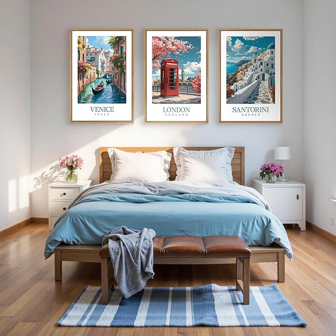 HLNIUC Italy Coast Wall Art Framed, Blue Europe Cityscape Italian Wall Decor set of 3 (24"x36"), Venice London Santorini Travel Landmark Beach Canvas Painting for Living Room, Bedroom, Office
