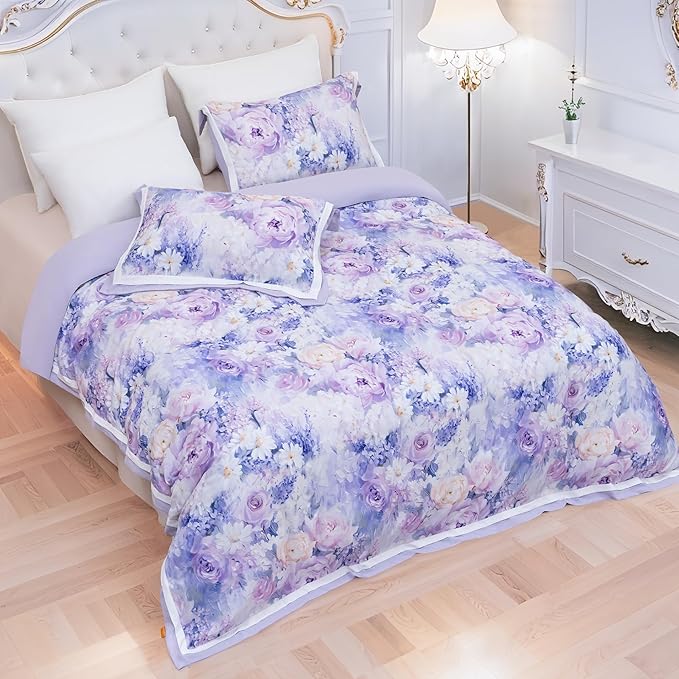MAGRACE Floral Duvet Cover Set King Size - 3 Piece Washed Fiber Bedding Set with Zipper Closure & Ties, Soft Purple Lavender Botanical Print Comforter Cover – Cozy Breathable Bedding for Women Girls