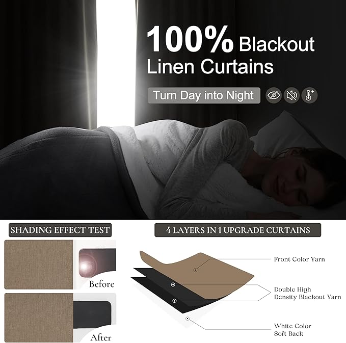Rust Brown Blackout Curtains 60 Inches Extra Wide Linen 84 Inch Length for Living Room, Pleated Farmhouse Bedroom Chocolate Thermal Drapes for Winter Thick Large Window 60"W x 84"L 2 Panels