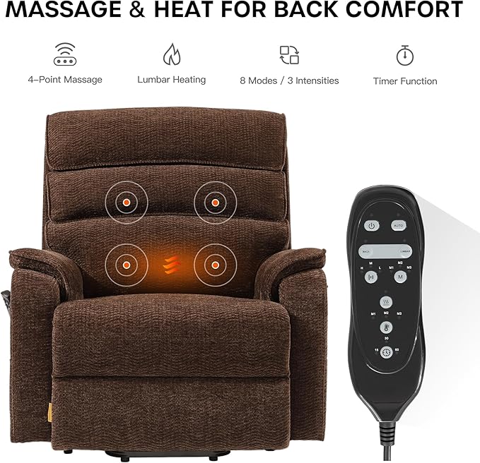 DYNOX 500lbs Big Man Lift Chair, Extra Large Wide Oversized Tri-Motor Power Lift Recliner for Elderly with Heat & Massage (9398, Chenille, Brown)