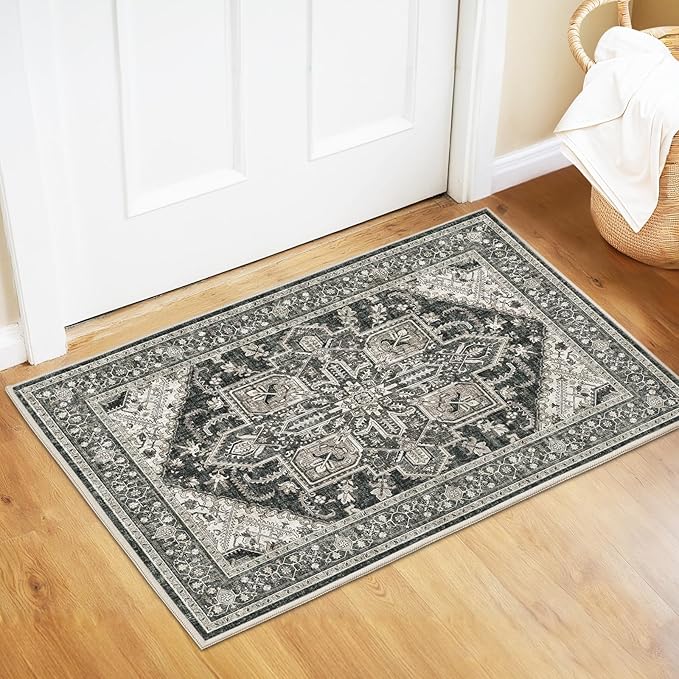 WITSHOCK Indoor Door Rug, Entrance Mat 2x3 Machine Washable Non Slip Backing Mat Soft Foldable,Vintage Rugs Mats, Inside Floor Door Carpet, Bitter Black