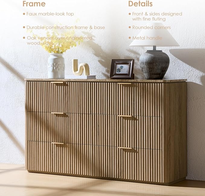Fluted 6 Drawer Dresser for Bedroom, 54.5" Wide Modern Chest of Drawers with Faux Marble Top, Curved Corners Design, Wooden Dresser TV Stand with Organizer Storage for Living Room, Natural Oak