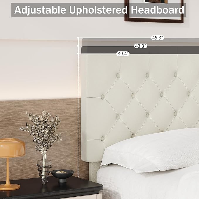 BarnFurin Queen Bed Frame, Upholstered Platform Bed with Button Tufted Headboard, Fabric Bed Frame with Wooden Slats Support, No Box Spring Required, Easy Assembly, Cream