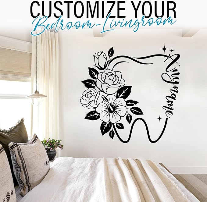 Personalized Floral Tooth Name Wall Decal Custom Dental Nurse Orthodontics Dentist Transparent DTF Vinyl Removable Nursery Wall Decals for Kids Room, Teen Bedroom, Car, Cute Home Decor Gifts
