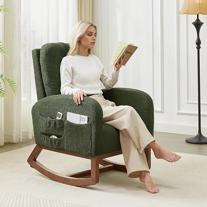 ONBRILL Rocking Chair Nursery, Rocking Chairs with Solid Wood Legs, Teddy Fabric, Glider Chair with Upholstered High Backrest, Nursery Chair for Living Room, Baby Room, Bedroom (Green)