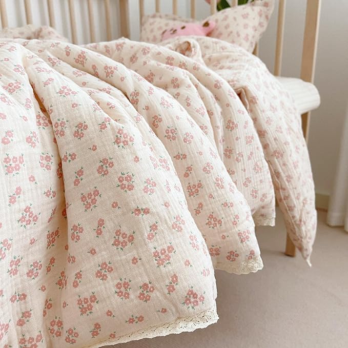 BuLuTu Toddler Quilted Blankets Muslin Cotton Kids Blanket Reversible Pink Floral Toddler Blanket for Stroller Travel Soft Lightweight Baby Quilt, Galsang Pattern, 60"x78"