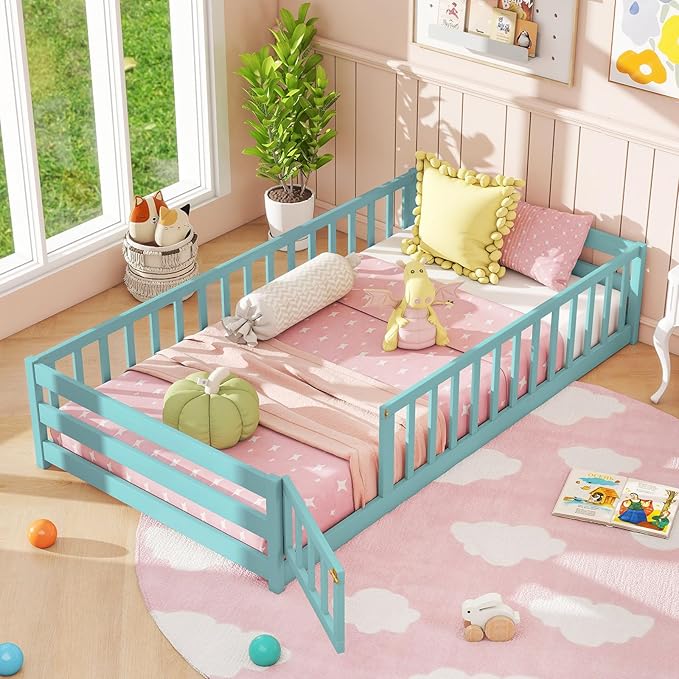 Giantex Twin Floor Bed with Door & Fence, Kids Wood Montessori Beds with Safety Guardrails, Floor Bed Twin for Kids, Boys, Girls, No Box Spring Needed, ICY Aqua