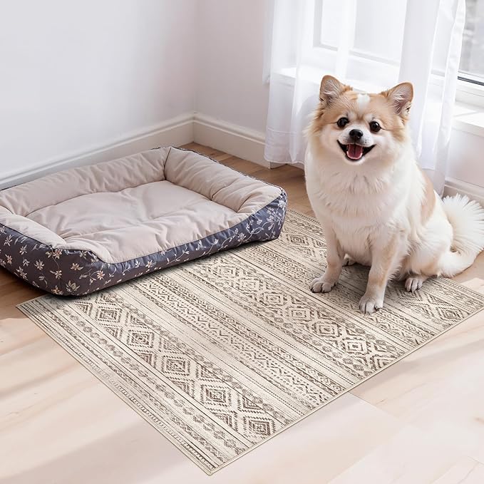 Area Rugs for Living Room Washable Living Room Rug Soft Neutral Indoor Floor Carpet Non-Slip Stain Resistant Modern Boho Rugs for Bedroom Dining Room Kids Room Nursery Office Home Dark Brown