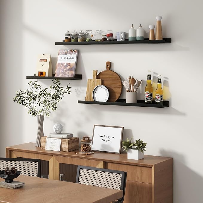 Picture Ledge Wall Shelves 16 inches Width Set of 3, Solid Pine Wood Rustic Floating Ledge Shelves for Wall for Kids' Room Bedroom Kitchen Bathroom Living Room Nursery Display Decor, Black