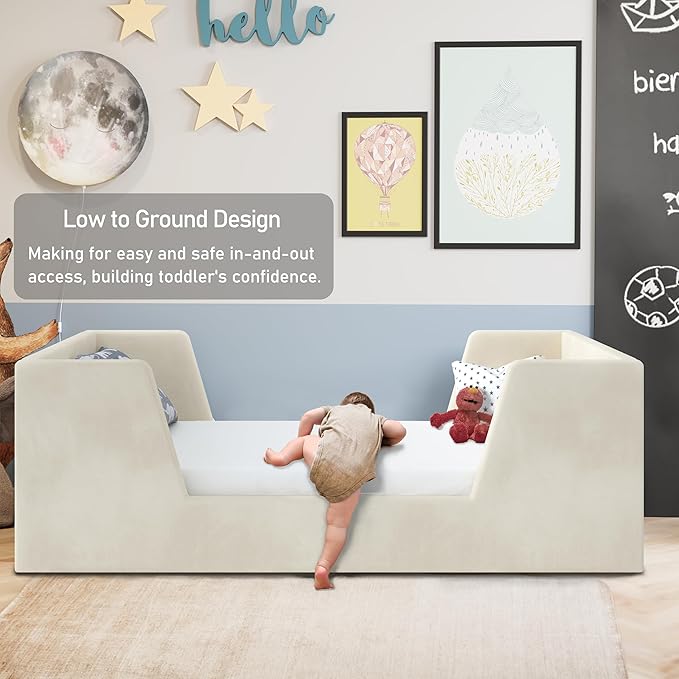 Toddler Bed, Toddler Floor Bed Frame with Guard Rails, Kids Bed for Ages 2-6 Years, Certified Fabric