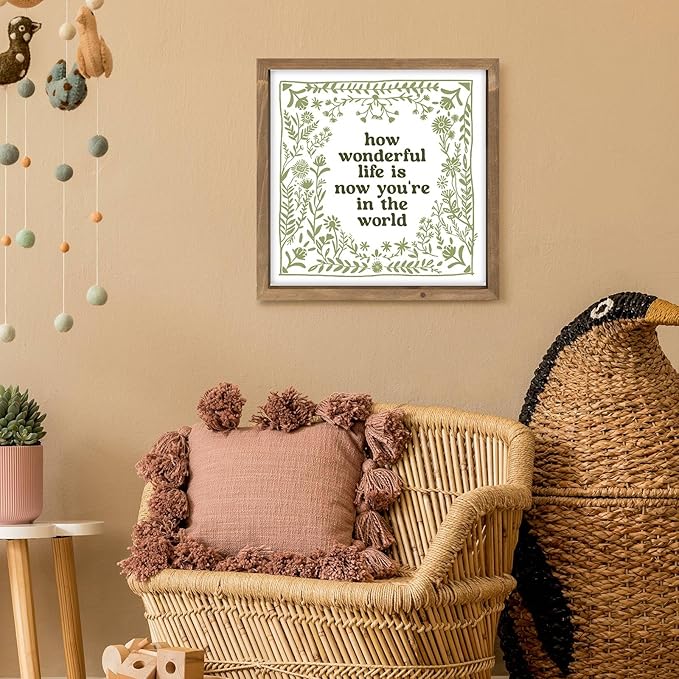 pechpell 11.8 Inch Nursery Wall Decor, Green Wooden How Wonderful Life Is Now You're In The World Sign, Boho Vintage Baby Girl Woodland Nursery Art Kids Room Playroom Table Shelf Decorations for Home