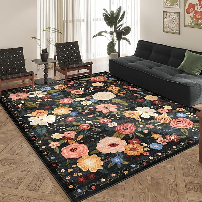 8x10 Washable Area Rug for Living Room, Floral Non-Slip Non-Shedding & Easy Care, Large Soft Low Pile Indoor Floor Carpet for Living Room, Bedroom, Farmhouse, Dining Room, Kids Playroom, Black