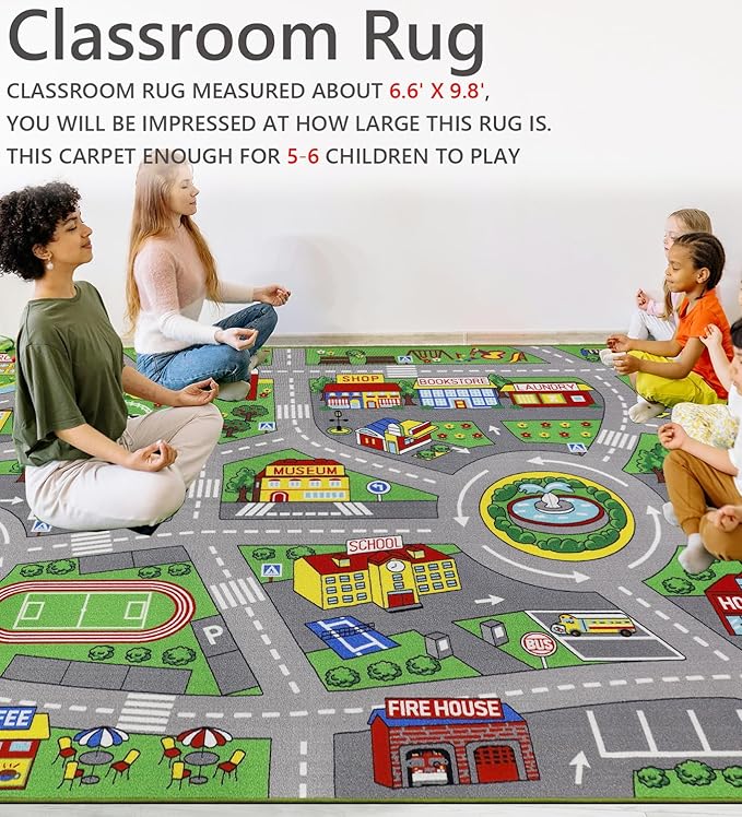 Kids Rug 6'6" x 9'8" City Life Playmat Area Rug Car City Map Washable Traffic Road Educational Learning Nursery Rug Carpet for Children Playroom Living Room Bedroom Classroom Decor Green
