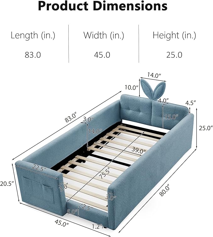 DEINPPA Twin Size Platform Bed Frame with Rabbit Ear Shaped Headboard and Pocket, Boucle Upholstered Bed Frame with Guardrail for Children Kids Boys Girls-Blue