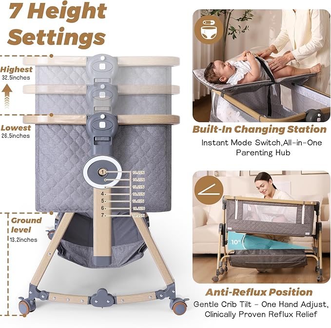 Baby Bassinets Bedside Sleeper 5 in 1,Bedside Bassinet for Baby with Mattress,Diaper Table, Storage Layer,Mosquito Net,7-level adjustable height , one-touch folding for travel with infants (Gray)