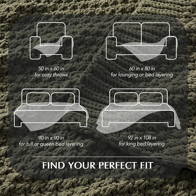 EVERGRACEHOME Chunky Chenille Knit Throw Blanket for Couch, Soft Luxurious Moss Stitch Blankets for Bed, Cozy Decorative Farmhouse Knitted Throws for Sofa, Olive Green, 50" x 60"