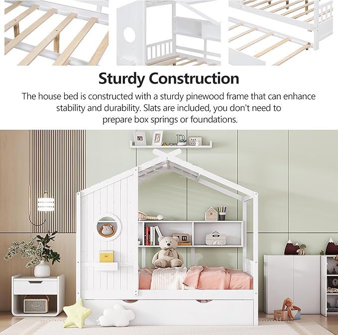 Harper & Bright Designs Kids Full Size House Bed with Trundle & Storage Shelf, Wood Full Size Platform Bed Frame with Roof, House Bed for Boys, Girls, White