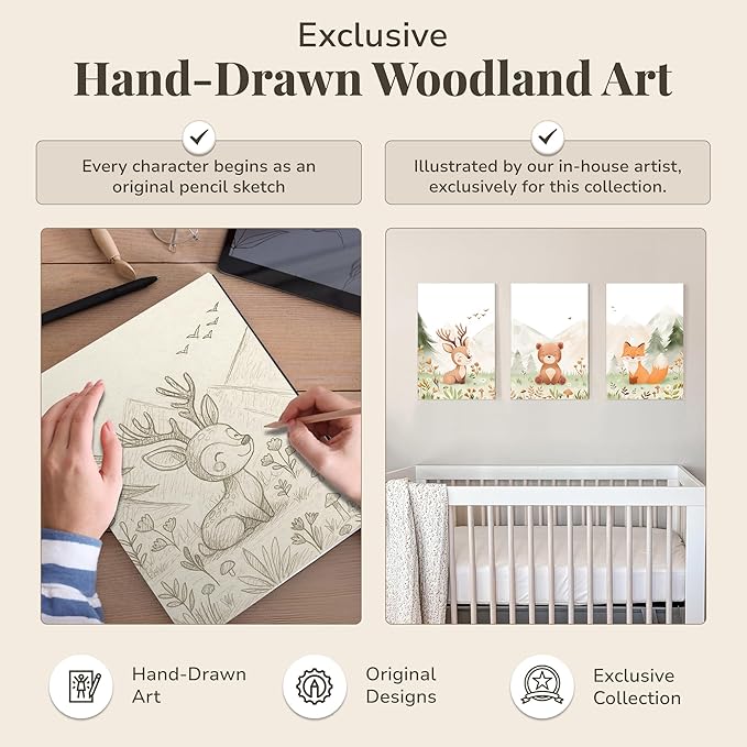 Woodland Nursery Canvas Wall Art – Hand-Drawn Forest Animals (Deer, Bear, Fox) – Large 16×24 Panels, Set of 3 – Neutral Baby Room Decor for Boys & Girls – Premium Fiber Canvas, Ready to Hang