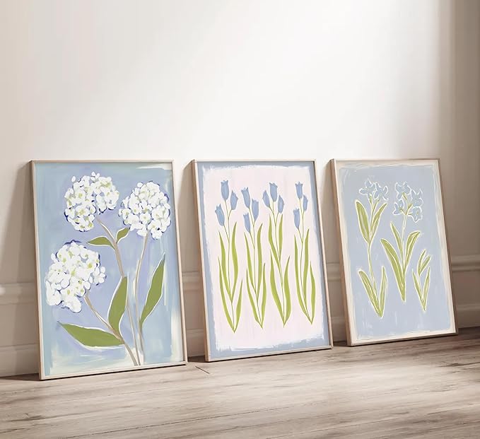 3Pcs Blue Green Tulip Hydrangea Flower Wall Art Flowers Plant Aesthetics Painting Picture Decor Elegant Preppy Poster Print Artwork for Living Room Gallery Bedroom Dorm Home Decoration