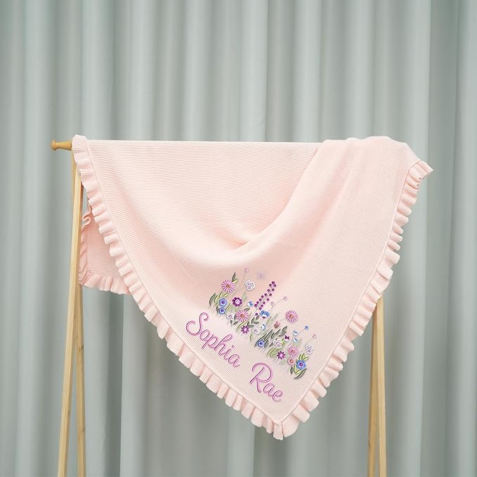 Wildflower Nursery Quilt Blanket with Ruffle Edge – Custom Embroidered Floral Name Blanket, Personalized Newborn Gift for Girls, Soft Keepsake for Baby Shower