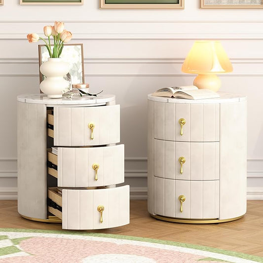 Bellemave Set of 2 Upholstered Nightstand with 3 Drawers, Two Round Bedside Tables with Metal Handles, Velvet End Tables, Marbling Stickers Top Nightstands (Beige)