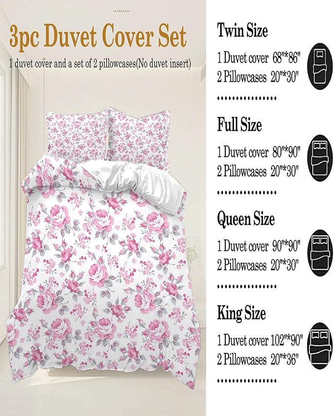 Floral Duvet Cover Queen Teen Girl Botanical Flower Coquette Bedding Comforter Cover Soft with 2 Pillowcases Cottagecore Queen Duvet Cover with Zipper Ties,3 Piece Bedding Sets