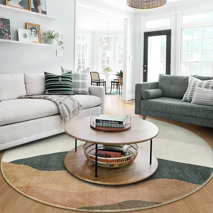 6ft Abstract Rugs for Living Room,Soft Non-Slip Washable Large Round Rug,Chic Faux Wool Mountain Low-Pile Carpets for Kidsroom/Nursery/Bedroom/Porch(Grey)