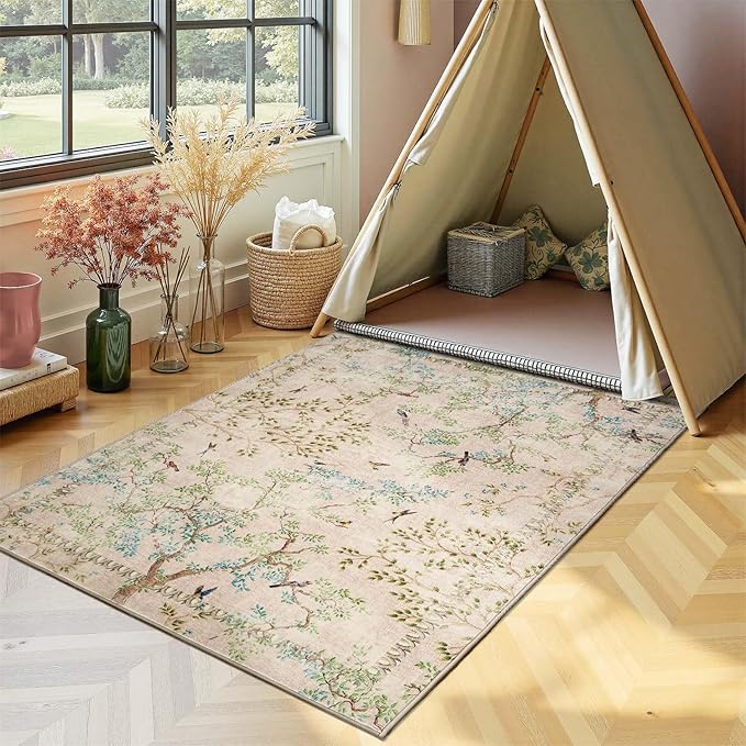 jinchan Yarden Botanical Birds 3x5 Beige Area Rugs for Entryway Washable Non Slip Soft Nature Plants Modern Kids Room Carpet Vintage Ultra Thin Low Pile Rug for Living Room Kitchen Bathroom Front Door